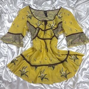 y2k Lithe Anthropologie Babydoll Top Yellow Excellent Paisley Floral Embroidered